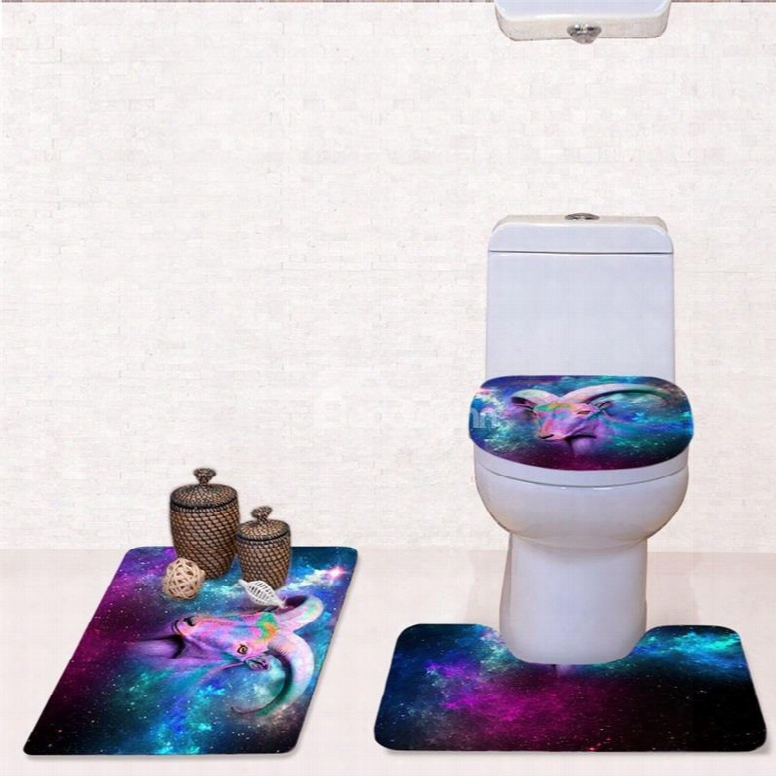 Goat Pattern 3-piece Flannel Pvc Soft Water-absorption Anti-slid Galactic Toilet Seat Covers