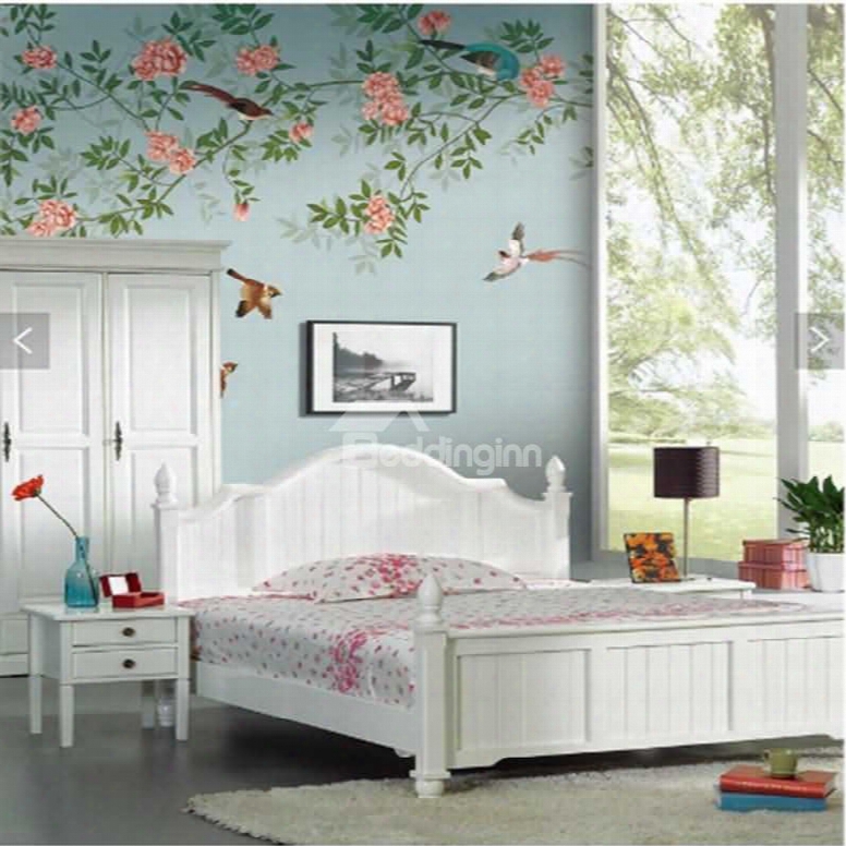 Green Leaves Pink Flowers And Birds 3d Blue Waterproof Wall Murals