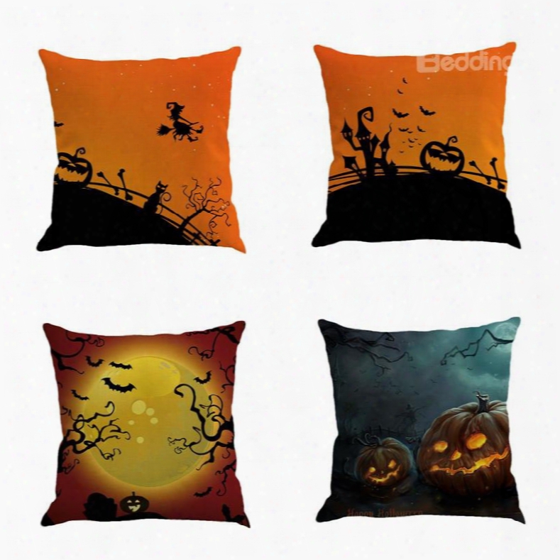 Happy Halloween Festival Buildings And Moon Bat Square Cotton Line Decorative Throw Pillow