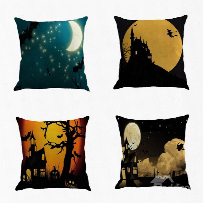 Happy Halloween Moonlights Printed Square Linen Throw Pillow