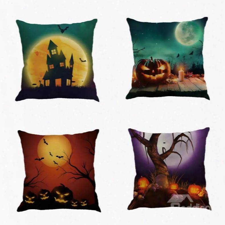 Happy Halloween Pumpkin And Moon Pattern Square Cotton Linen Decorative Throw Pillows