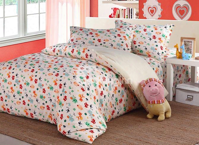 Lovely Colorful Animalss Pattern Kids High Quality Cotton 4-piecee Duvet Cover Sets