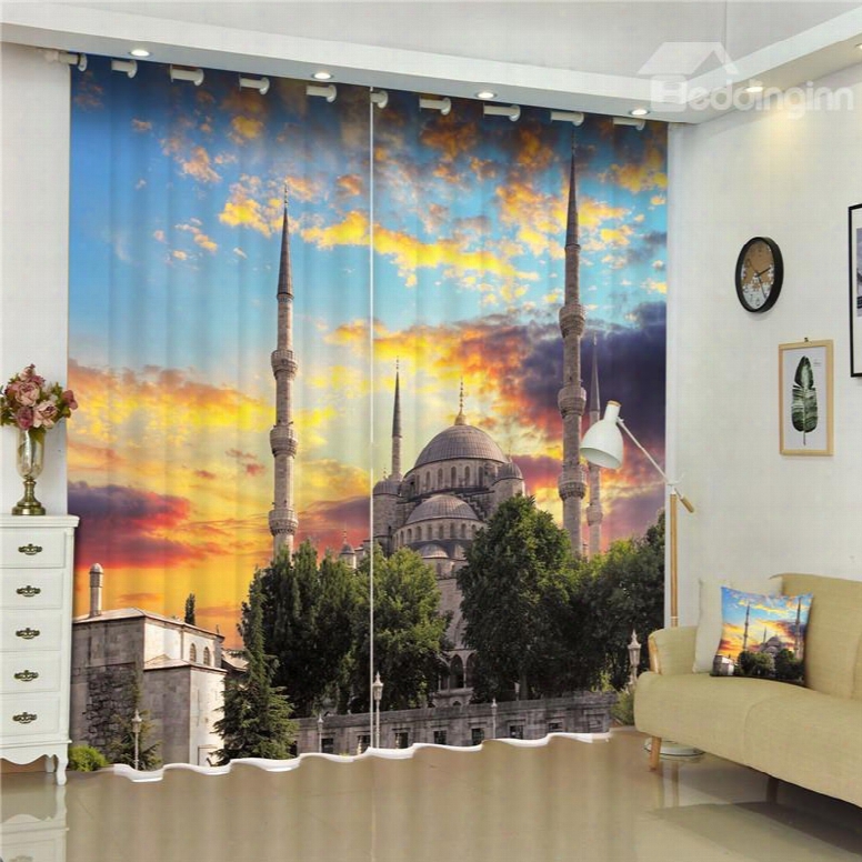 Magnificent Buildings With Golden Sunset Wonderful Scenery Decorative Custom Curtain