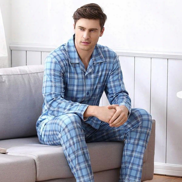 Man Sky Blue Small Square Grid Pattern Design Cotton Comfortable Fashion Pajamas