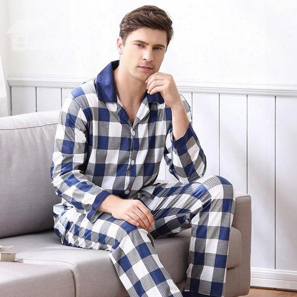 Man White And Blue Mixed Small Square Grid Design Warm Pajamas