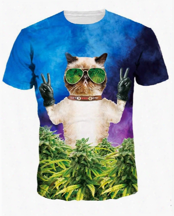 Modern Round Neck Cat With Glasses Pattern 3d Painted T-shirt