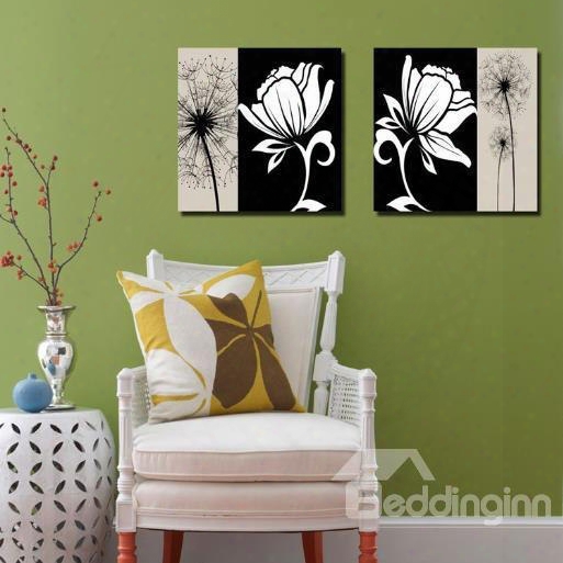 New Arrival Beautiful Black Dandelion And White Flower Print 2-piece Cross Film Wall Art Prints