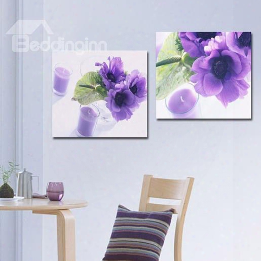 New Arrival Beautiful Purple Flowers And Candles Prin T 2-piece White Cross Film Wall Art Prints