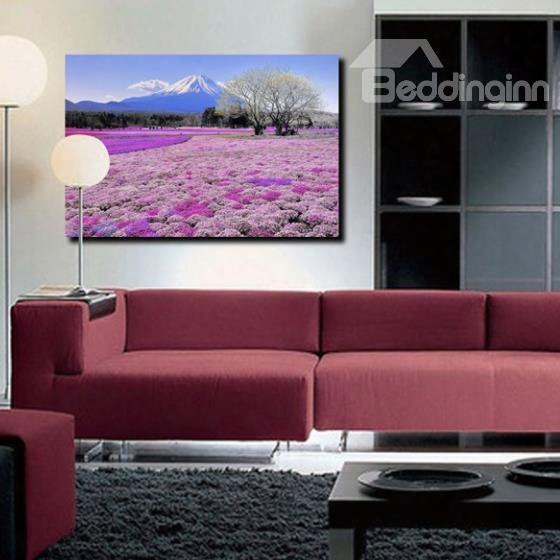 New Arrival Beautiful Purple Sea Of Flowers And Mount Fuji Print Cross Film Wall Art Prints