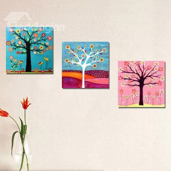 New Arrival Cute Colorful Flowers And Trees Print 3-piece Cross Film Wall Art Prints