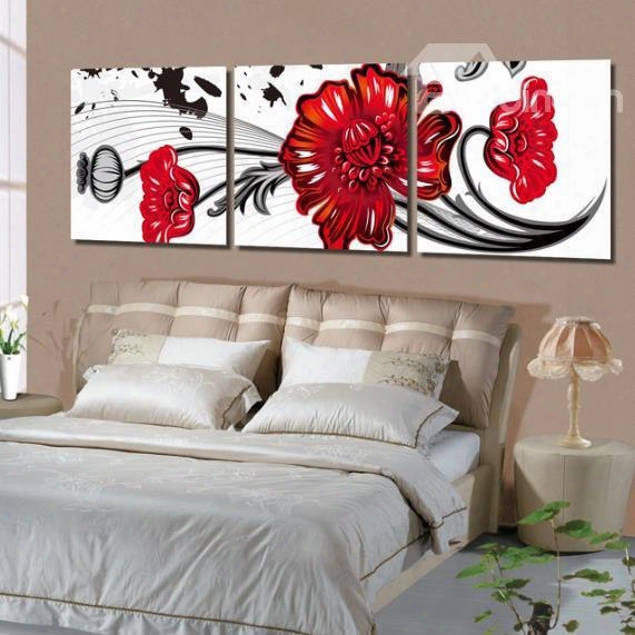 New Arrival Lovely Big Red Cartoon Flowers Print 3-piece Cross Film Wall Art Prints