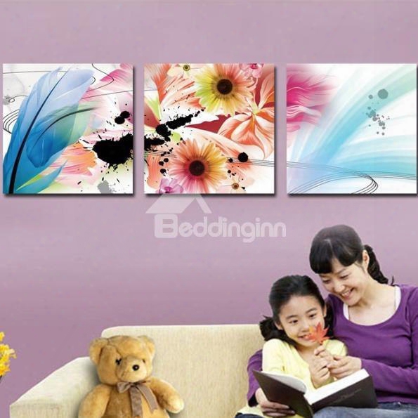 New Arrival Lovely Colorful Flowers And Feather Print 3-piece Cross Film Wall Art Prints