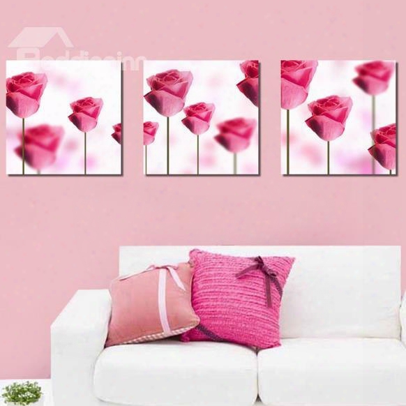 New Arrival Lovely Pink Roses Print 3-piece Cross Film Wall Art Prints