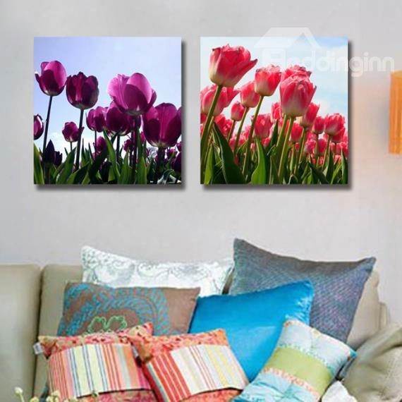 New Arrival Lovely Purple And Red Tulips Print 2-piece Cross Film Wall Art Prints