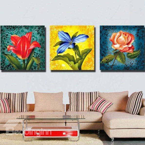 New Arrival Luxurious Colorful Flowers And Green Leaves Print 3-piece Cross Film Wall Art Prints