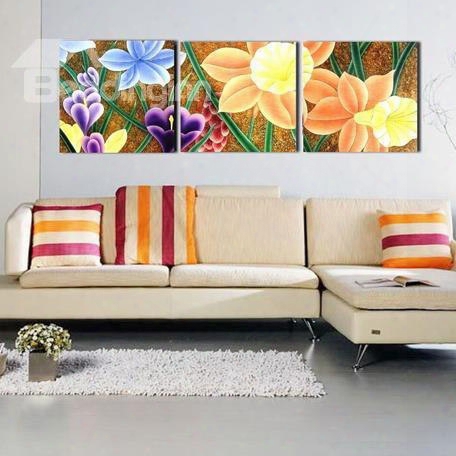 New Arrival Modern Pretty Colorful Flowers Print 3-piece Cross Film Wall Art Prints