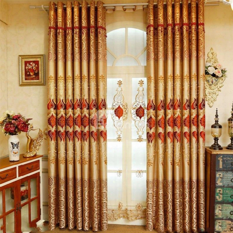 Noble Thick Chenille Embroidered Golden And Red Flowers Living Room Sheer Curtain