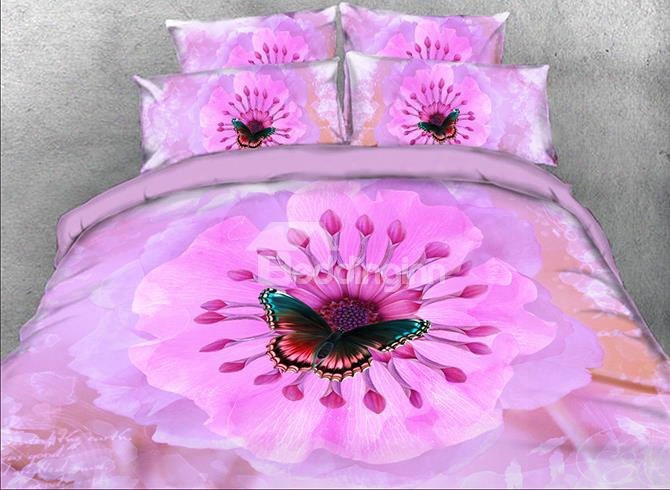 Onlwe 3d Blooming Pink Flower And Butterfly Printed 4-piece Bedding Sets/duvet Covers