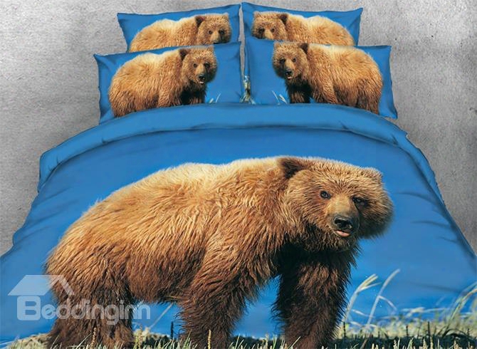 Onlwe 3d Brown Bear Printed 4-piece Blue Bedding Sets/duvet Covers