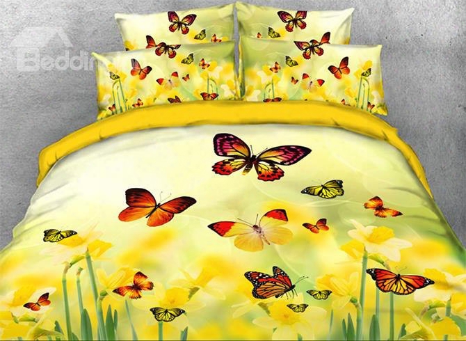 Onlwe 3d Butterfly And Yellow Flower Printed 4-piece Bedding Sets/duvet Covers