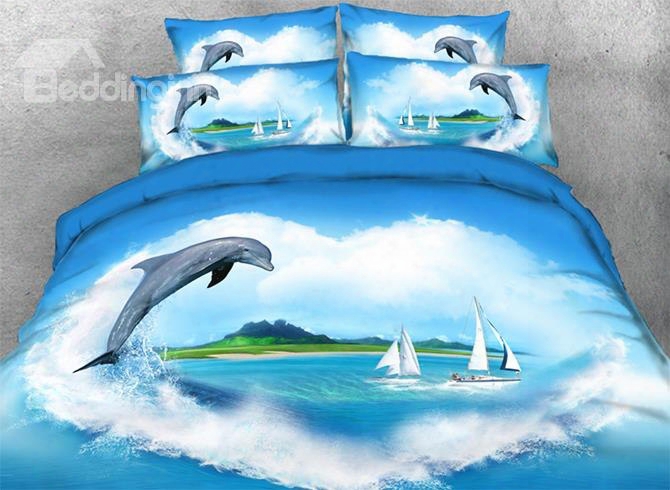 Onlwe 3d Dolphin And Heart-shaped Waves Coastal Style 4-piece Bedding Sets/duvet Covers