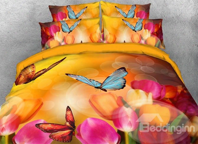 Onlwe 3d Fragrant Tulips With Colorful Butterflies Printed 4-piece Bedding Sets/duvet Covers