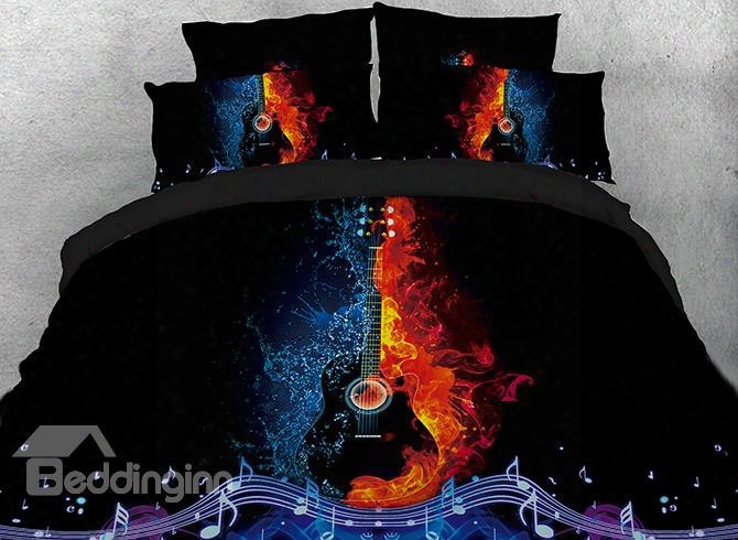 Onlwe 3d Guitar In Fire And Water Printed 4-piece Bedding Sets/duvet Covers