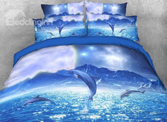 Onlwe 3d Jumping Dolphins Under Starry Sky 4-piece Bedding Sets/duvet Covers