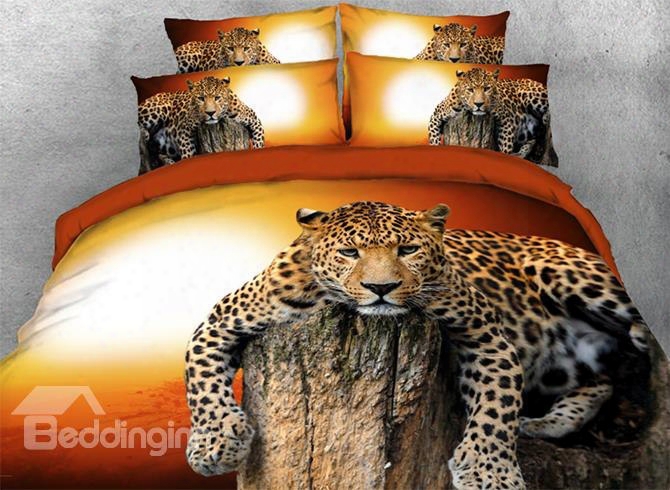 Onlwe 3d Leopard Relaxing On Rock At Sunset 4-piece Bedding Sets/duvet Covers