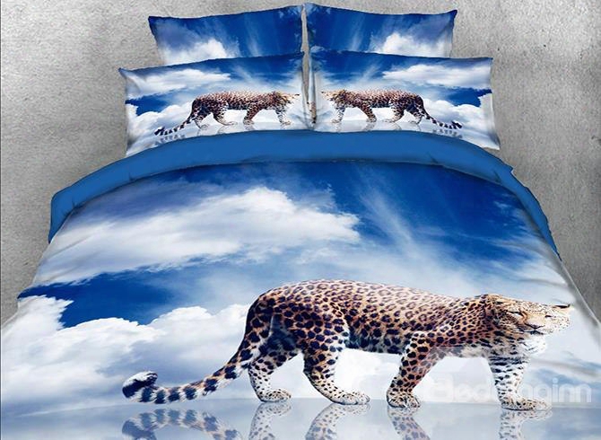 Onlwe 3d Leopard With Blue Sky And White Clouds Printed 4-piece Bedding Sets
