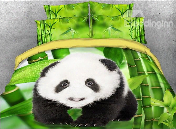 Onlwe 3d Panda Cub And Green Bamboo Printed Cotton 4-piece Bedding Sets/duvet Covers