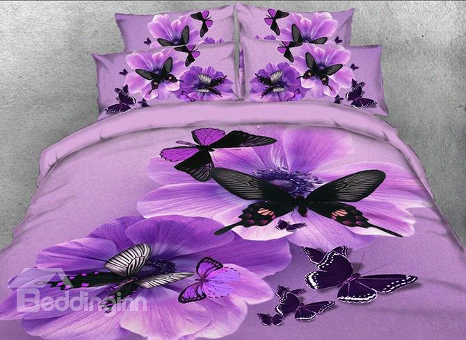 Onlwe 3d Pansy And Butterfly Printed 5-piece Purple Comforter Sets