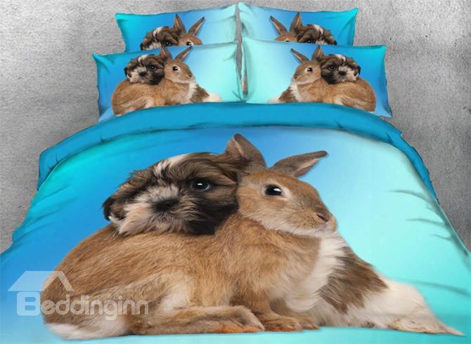 Onlwe 3d Puppy And Rabbit Snuggling Printed 4-piece Bedding Sets/duvet Covers