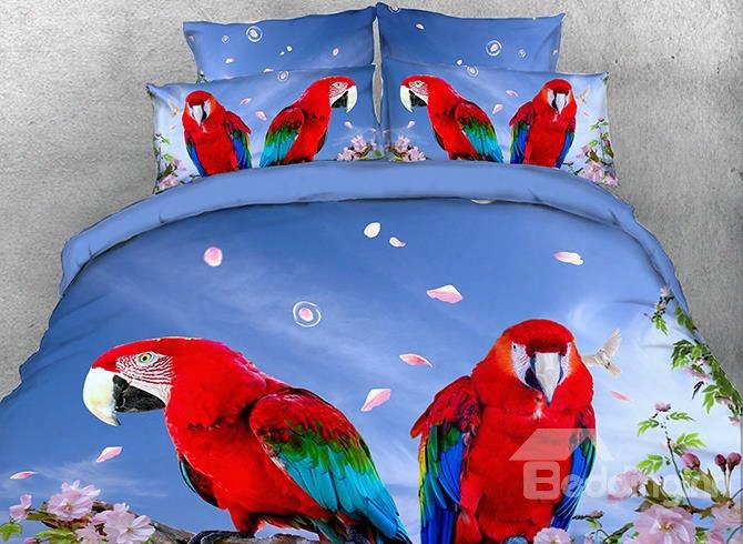 Onlwe 3d Red Parrots With Pink Blossoms Cotton 4-piece Bedding Sets/duvet Covers