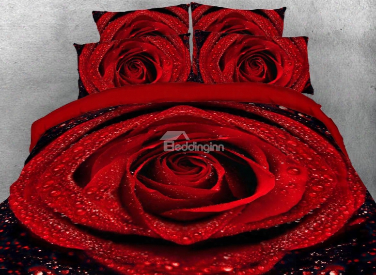 Onlwe 3d Red Rose With Dew Printed 4-piece Bedding Sets/duvet Covers