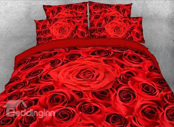 Onlwe 3d Red Roses Printed Romantic Style 4-piece Floral Bedding Sets/duvet Covers