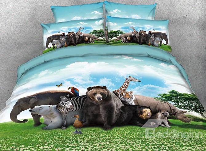 Onlwe 3d Safari Animals Under Blue Weather Natural 4-piece Bedding Sets/duvet Covers