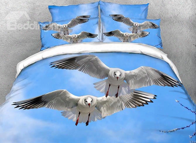 Onlwe 3d Seagulls Flying In Blue Sky Cotton 4-piece Bedding Sets/duvet Covers