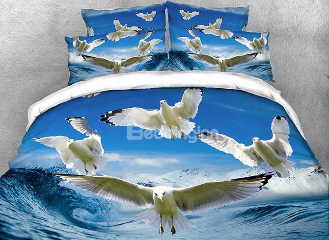 Onlwe 3d Seagulls Flying Over Rushing Water Cotton 4-piece Bedding Sets/duvet Covers