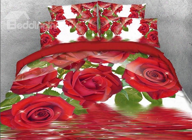 Onlwe 3d Shining Red Roses Printed 4-piece Bedding Sets/duvet Covers