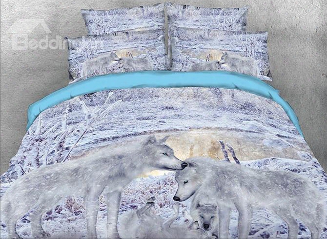 Onlwe 3d Snow Wolf Family Printed Cotton 4-piece Bedding Sets/duvet Covers