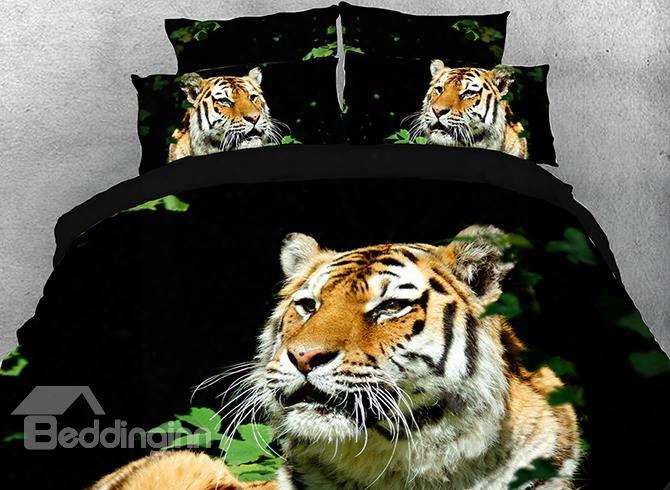 Onlwe 3d Staring Tiger In Grass Cotton 4piece Black Bedding Sets/duvet Covers