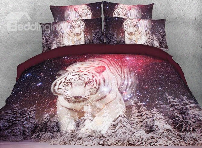 Onlwe 3d Tiger At Starry Snowy Night Printed 4-piece Bedding Sets/duvet Covers