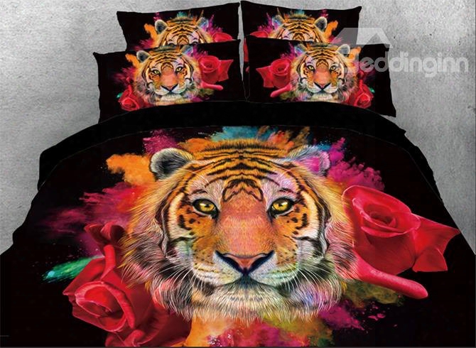 Onlwe 3d Tiger Face With Red Rose Printed 4-piece Bedding Sets/duvet Covers