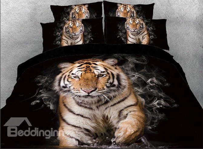 Onlwe 3d Tiger With Smog Printed 4-piece Black Bedding Sets/duvet Covers