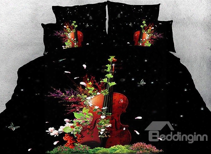 Onlwe 3d Violin And Pink Magnolia Printed 4-piece Bedding Sets/duvet Covers