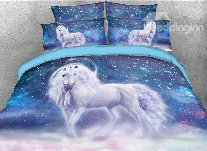 Onlwe 3d White Unicornn And Galaxy Printed 5-piece Comforter Sets