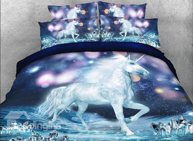 Onlwe 3d White Unicorn And Sparkling Lights Printed 5-piece Comforter Sets