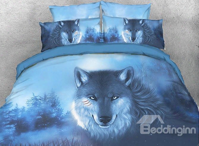 Onlwe 3d Wolf In The Forest Printed Blue 4-piece Bedding Sets/duvet Covers