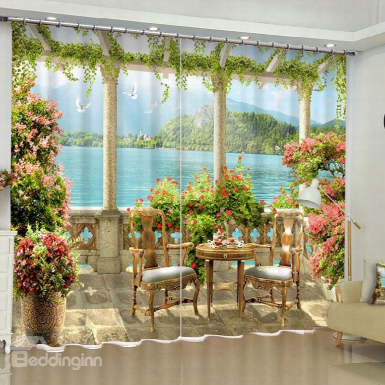 Peaceful Lake And Delicate Flowers Pavilion Printed 2 Panels Blackout Living Room Curtain